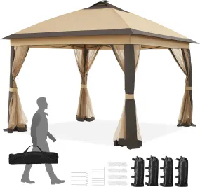 11'X11' Pop up Gazebo Instant Tent with 17 Solar LED Lights & Zippered Mesh Netting, Outdoor Shelter Sun Shade Gazebo with Sandbags for Backyard Garden Patio, Khaki & Brown