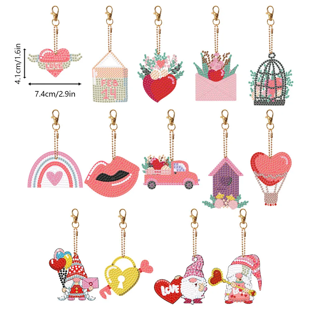 14 Pcs Valentines Day Rainbow Double Sided Diamond Painting Art Keychain Pendant