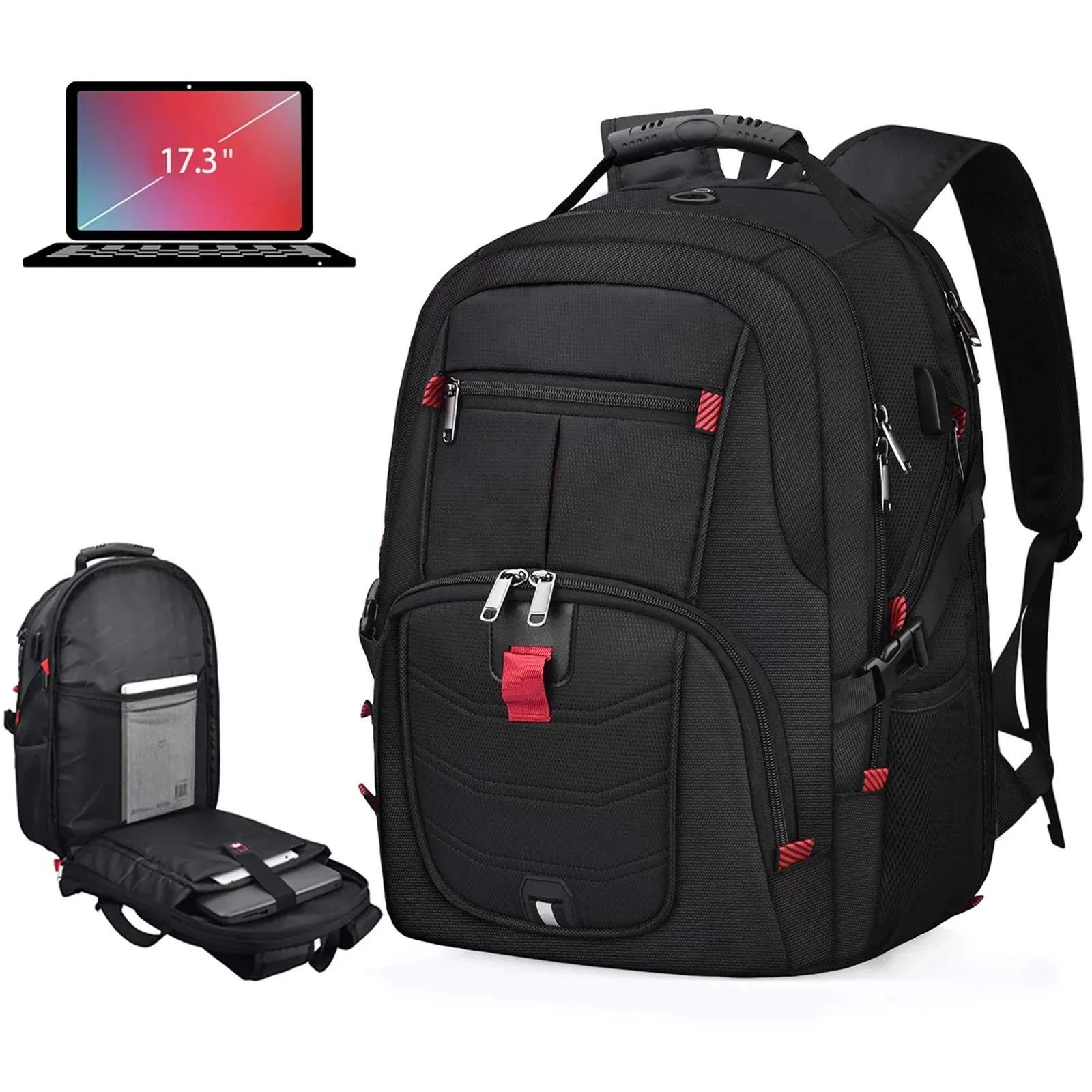 17-Inch Waterproof Extra Large TSA Travel Laptop Backpack - Anti-Theft College School Business Backpack with USB Charging Port, 45L Gaming Computer Backpack for Men and Women - Black