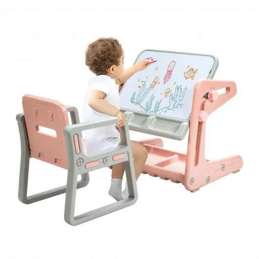 2 in 1 Kids Easel Table and Chair Set  with Adjustable Art Painting Board-Pink