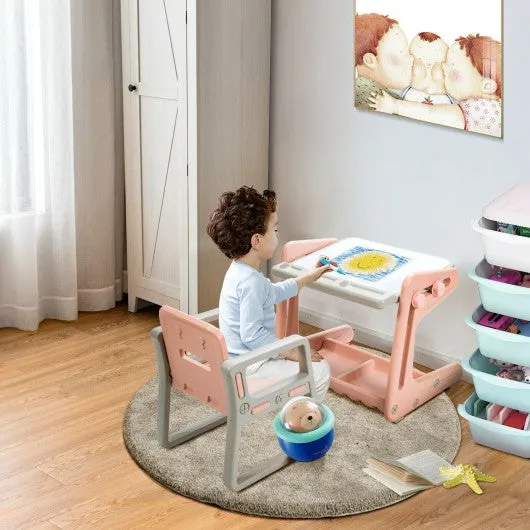 2 in 1 Kids Easel Table and Chair Set  with Adjustable Art Painting Board-Pink