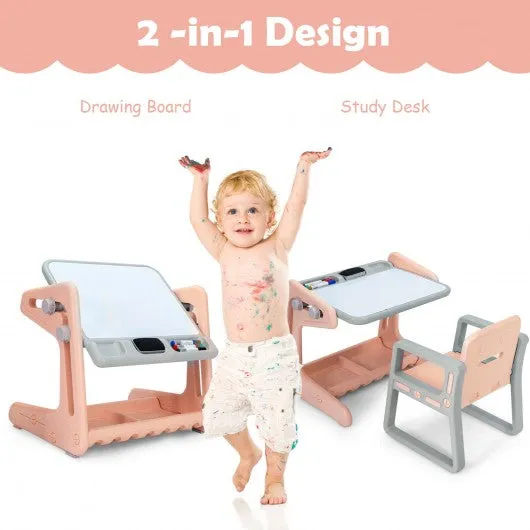 2 in 1 Kids Easel Table and Chair Set  with Adjustable Art Painting Board-Pink