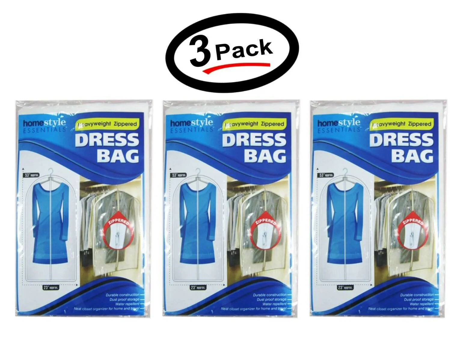 (3 Pack) Dress Bag Garment Travel Dress Storage Full Zipper Cover -Frosted Clear