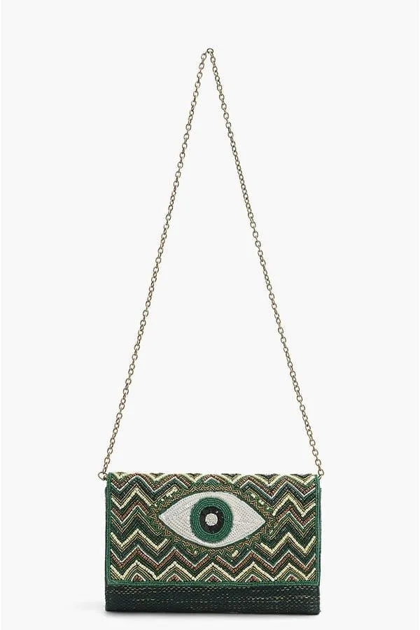 AB22629 Evergreen Evil Eye Beaded Clutch