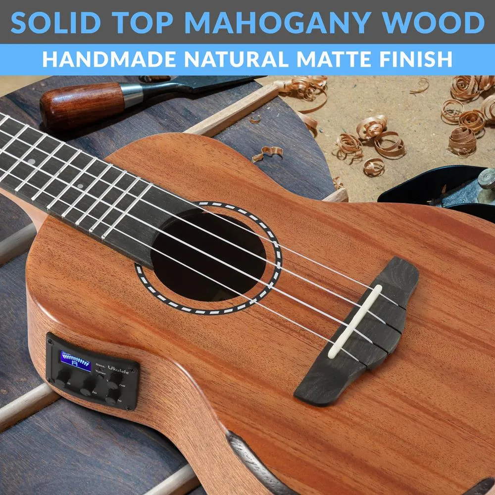 Acoustic Electric Ukulele And Amplifier Kit - Solid Top Mahogany Ukulele With Full Starter Package