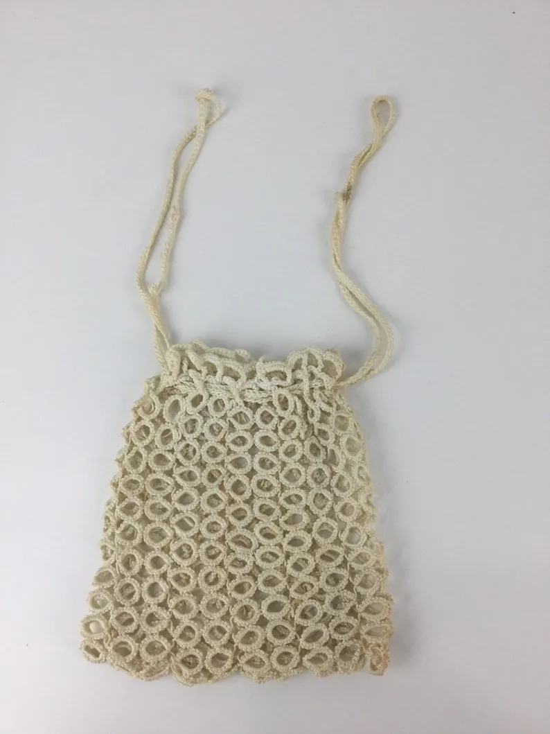 Antique Edwardian 1900s White Cotton Crochet Evening Bag/ Drawstring Pouch Purse