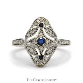 Antique Style Sapphire & Diamond Cluster Open Shield Ring in 14k White Gold