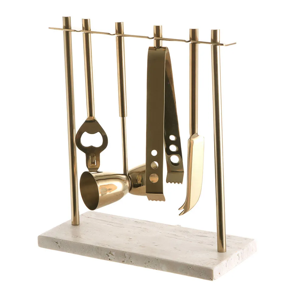 BAR TOOL SET Metal with Beige Travertine