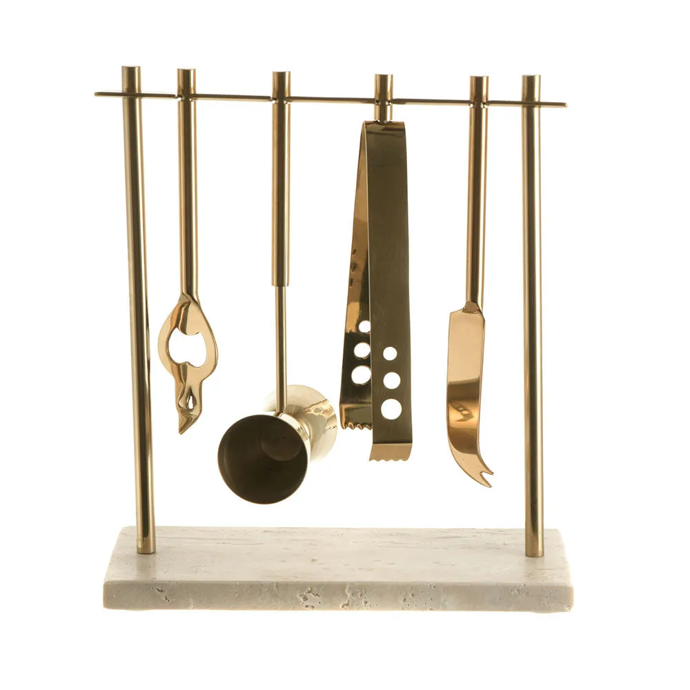 BAR TOOL SET Metal with Beige Travertine