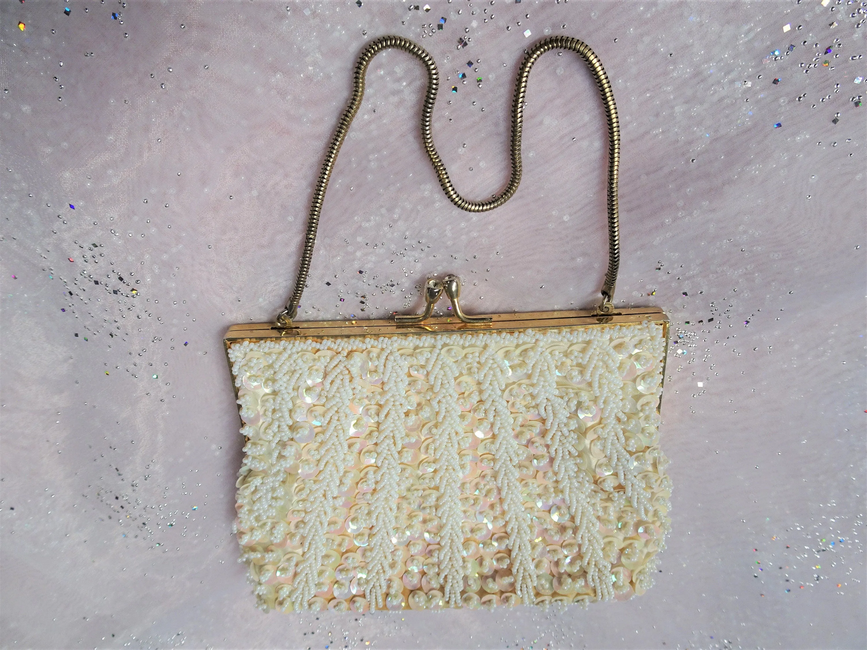 BEAUTIFUL Vintage Goldco Evening Purse or Bridal Bag, Beaded Sequined Handbag, Collectible Vintage Purses