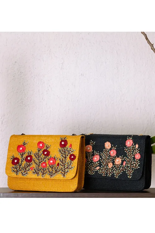 Black Floral Embroidered Sling Bag