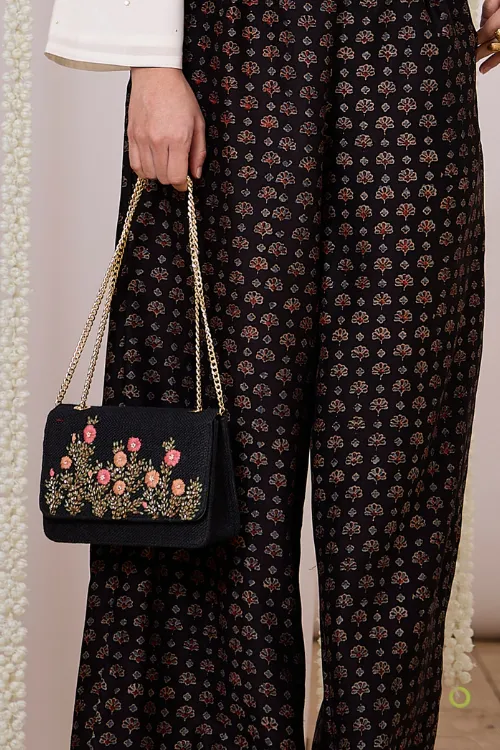 Black Floral Embroidered Sling Bag