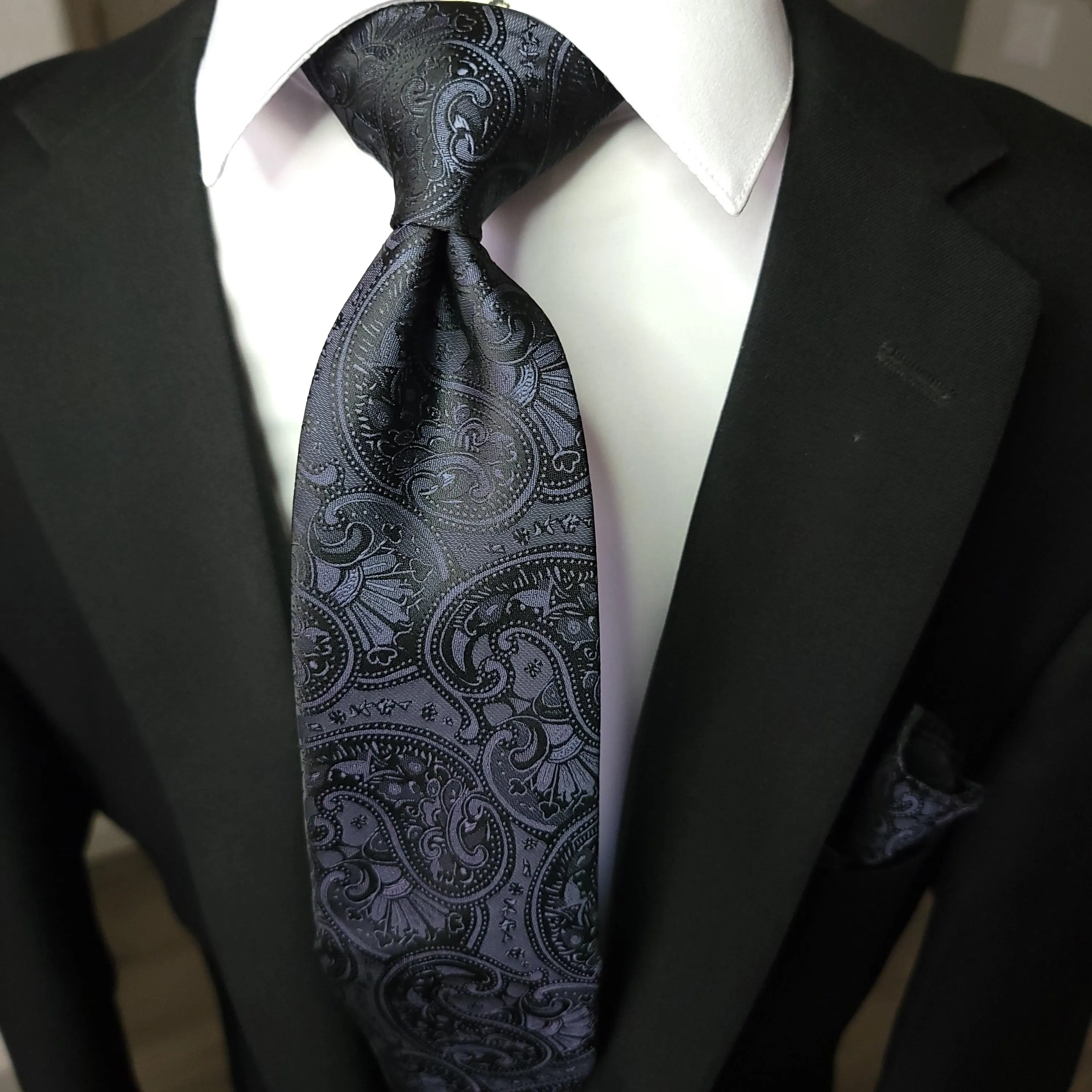 Black Paisley Silk Tie Pocket Square Cufflinks Clip Flower Lapel Pin Set