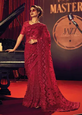 Bridal Party Luxurious Red Premium Net Contemporary Saree