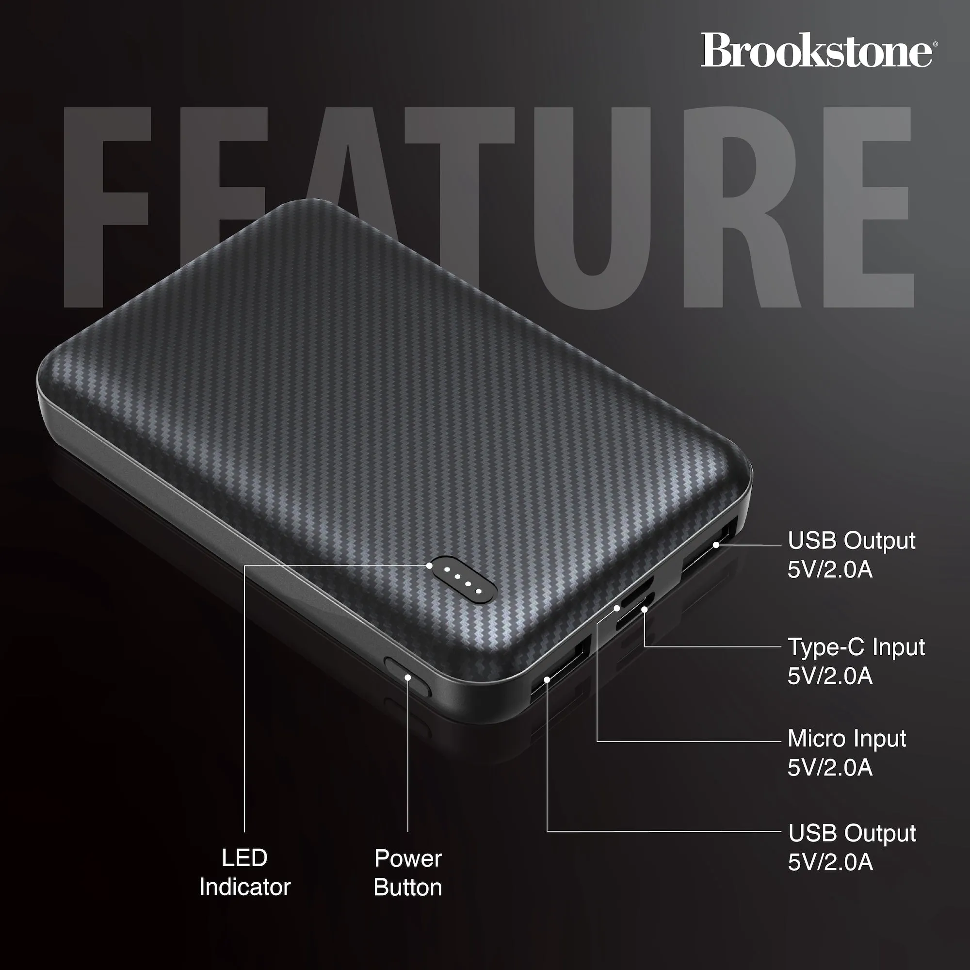 Brookstone Carbon Fiber 5000mah 2-Port Power Bank