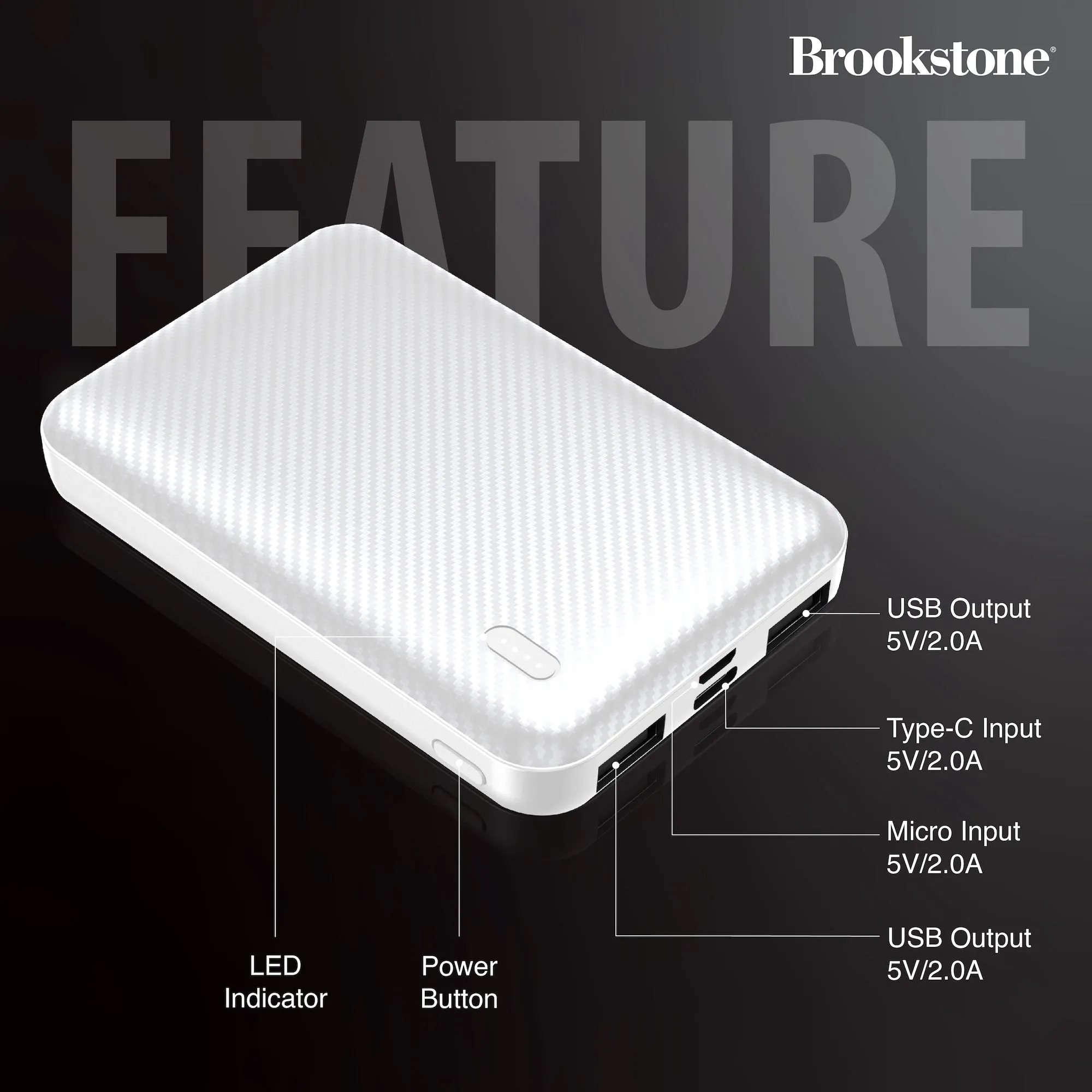 Brookstone Carbon Fiber 5000mah 2-Port Power Bank