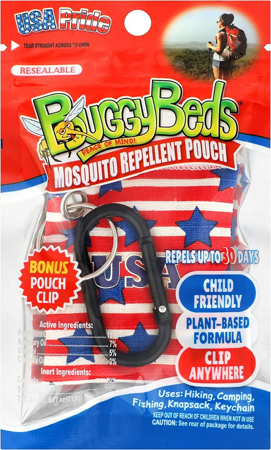 BuggyBeds Mosquito Repellent Pouches with Pouch Clip, Plant-Based Formula, USA Pride Colors