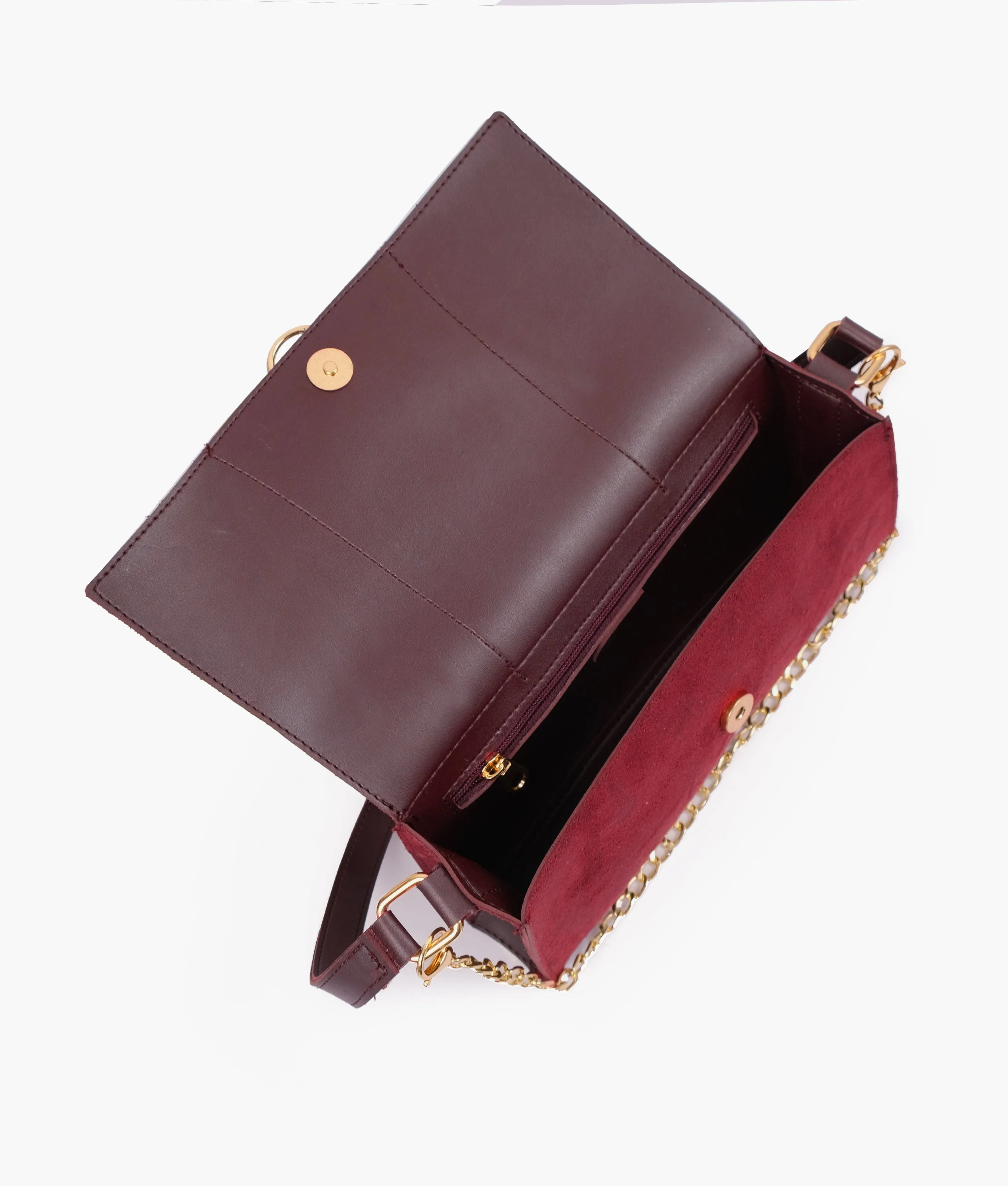 Burgundy suede buckle envelope bag