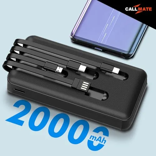 Callmate 20000mAh with Mobile Holder Power Bank, 15W Fast Charging| Buit-in Cables | 4 Output Ports and 3 Input |for iPhone, Smartphones & Other Devices (15 W, Fast Charging) (Black, Lithium Polymer)