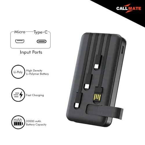 Callmate 20000mAh with Mobile Holder Power Bank, 15W Fast Charging| Buit-in Cables | 4 Output Ports and 3 Input |for iPhone, Smartphones & Other Devices (15 W, Fast Charging) (Black, Lithium Polymer)