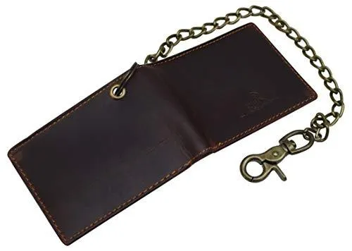 Cazoro Leather Slim Bifold Wallet with Gunmetal Metal Chain