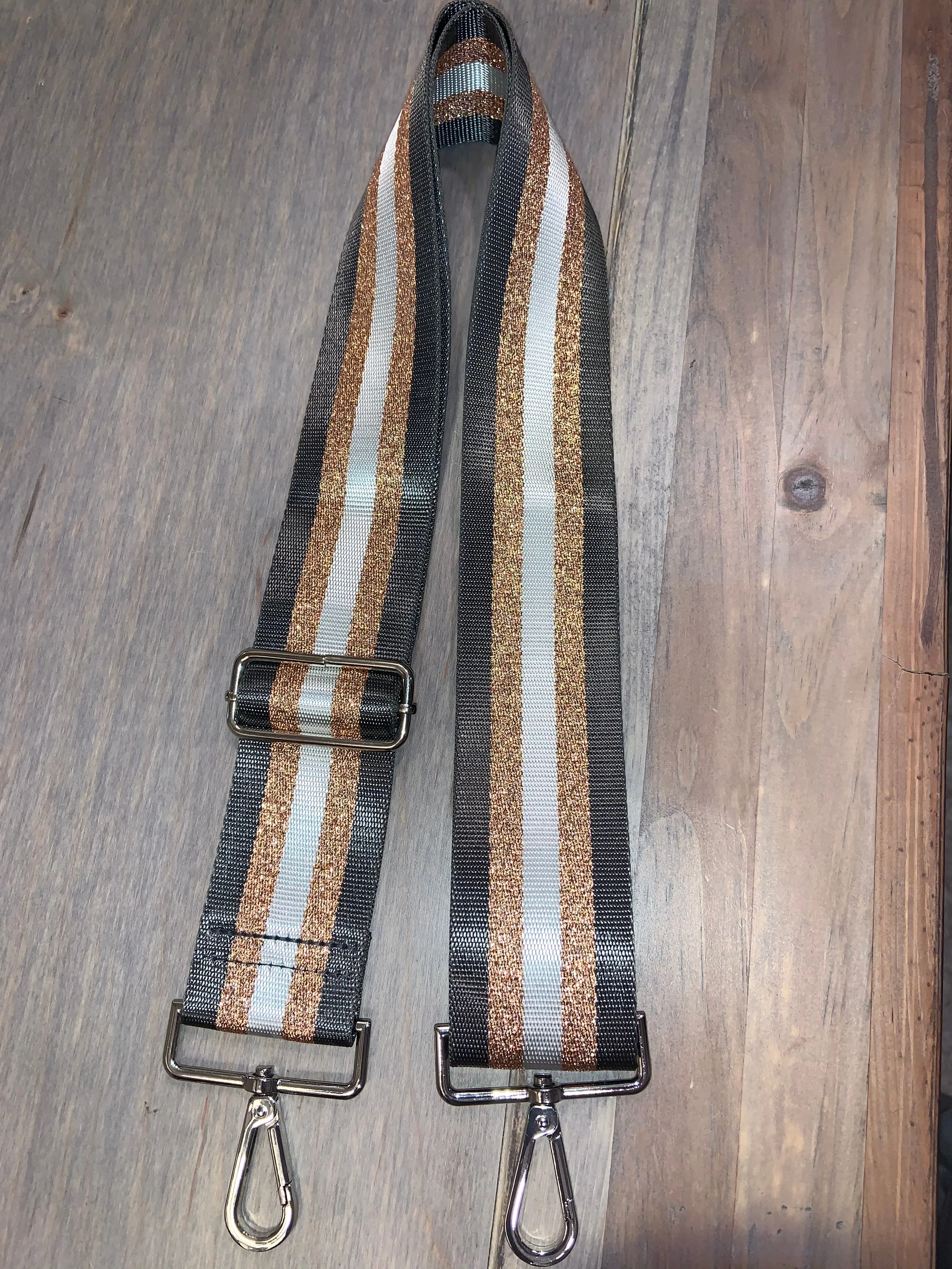 Charcoal/White/Metallic Rose Gold Stripe 2” Adjustable Handbag Strap