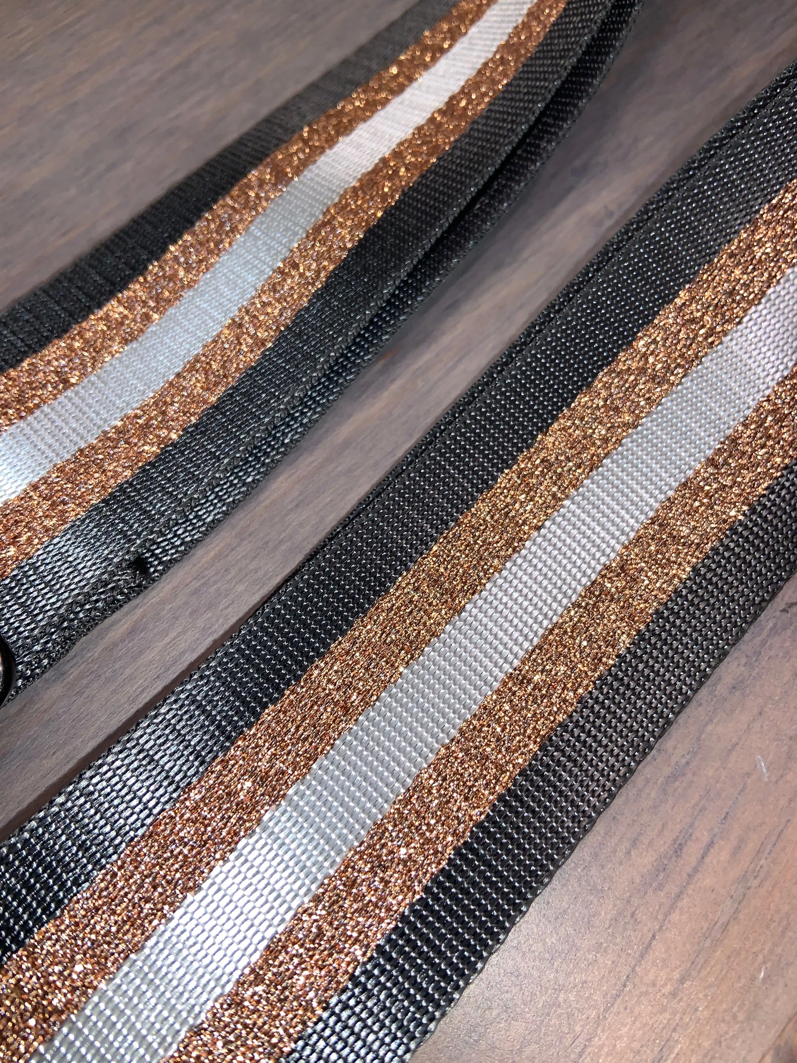 Charcoal/White/Metallic Rose Gold Stripe 2” Adjustable Handbag Strap