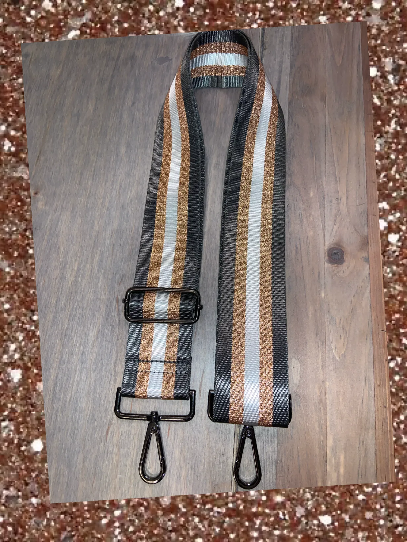 Charcoal/White/Metallic Rose Gold Stripe 2” Adjustable Handbag Strap