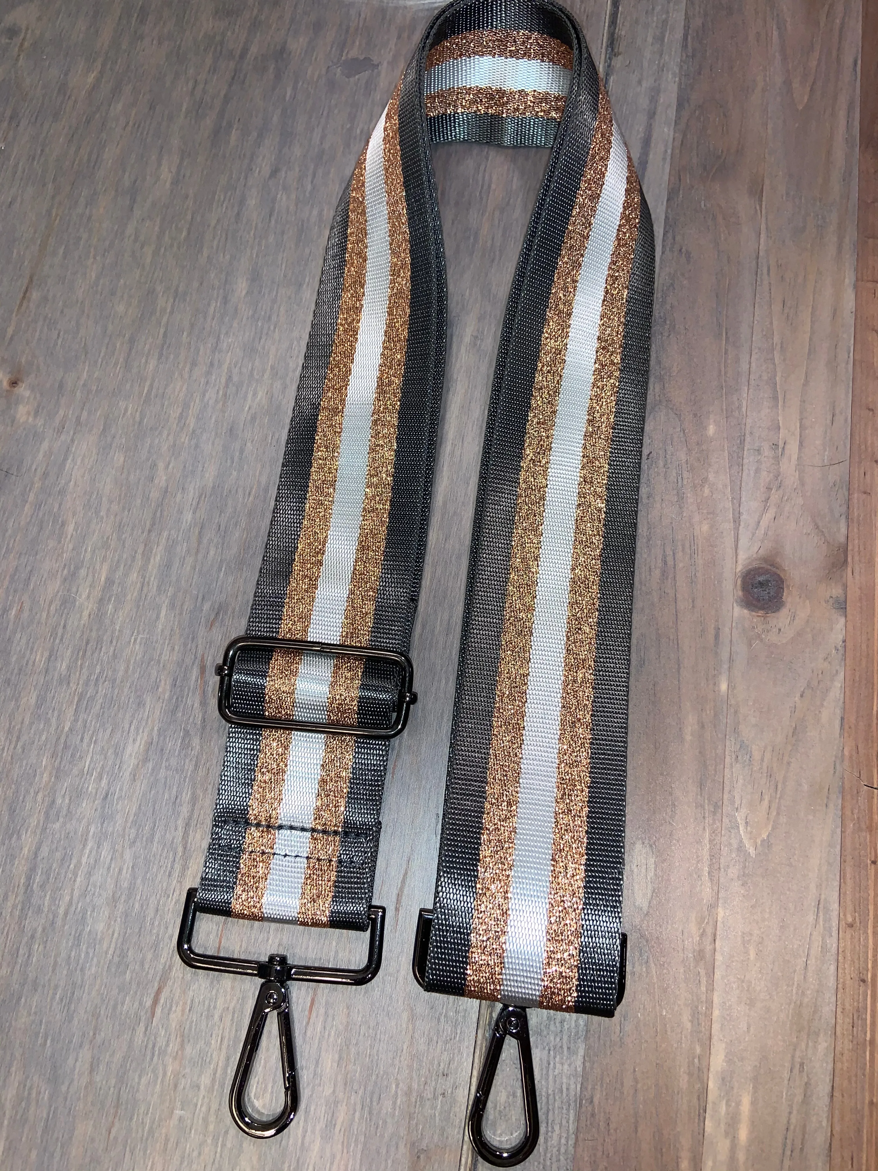 Charcoal/White/Metallic Rose Gold Stripe 2” Adjustable Handbag Strap