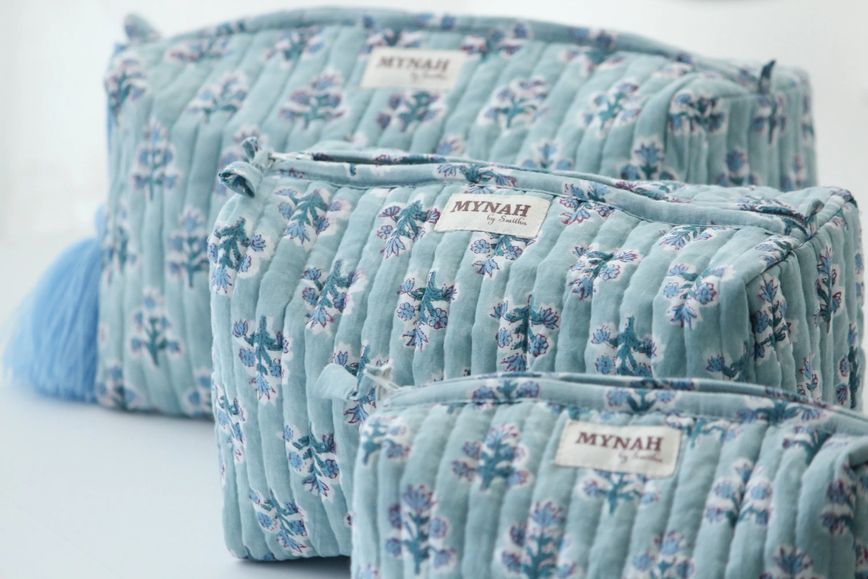 'DUSTY BLUE MOTIFS' hand block printed, quilted travel/makeup zipper pouch-LARGE only