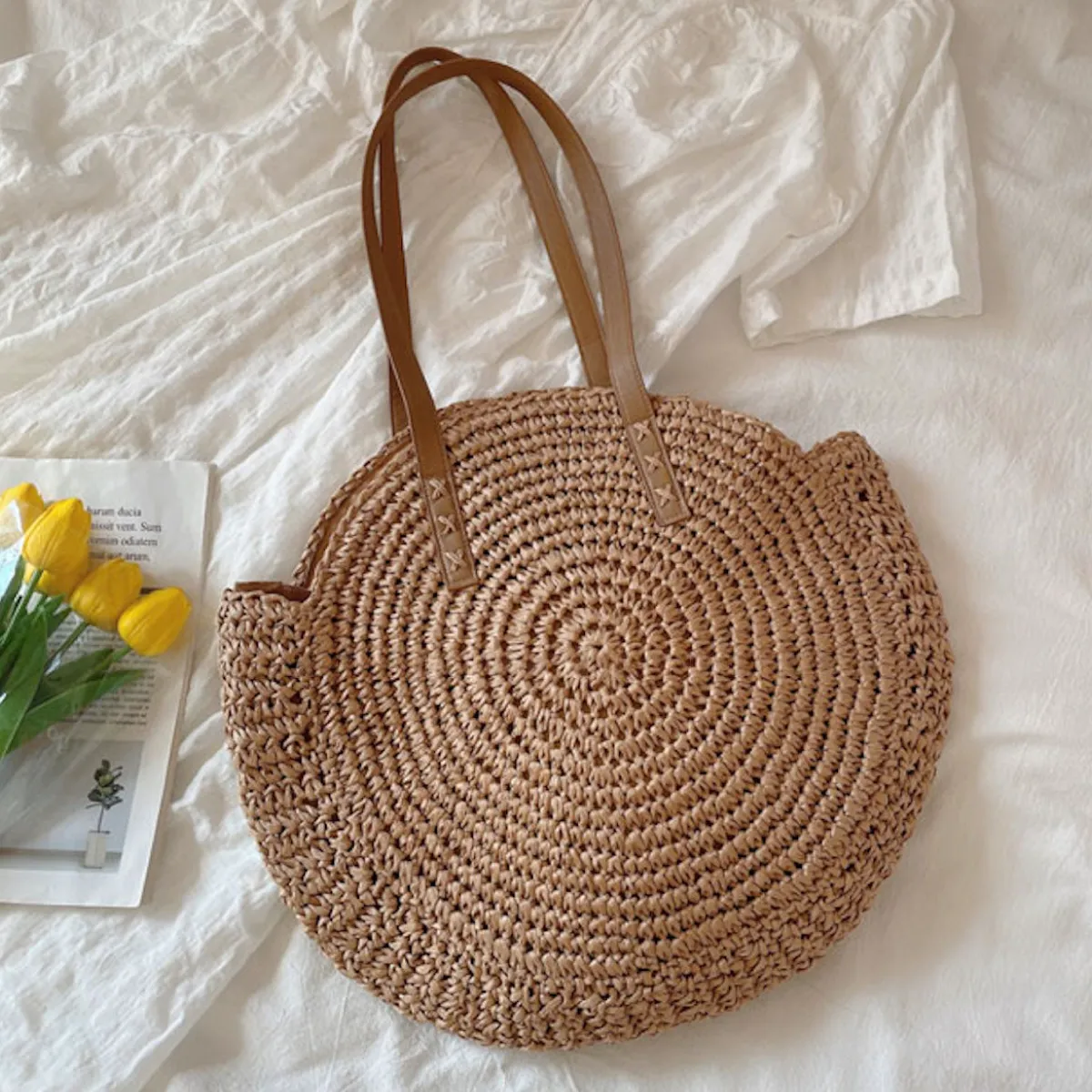 Elena Handbags Straw Round Tote Bag