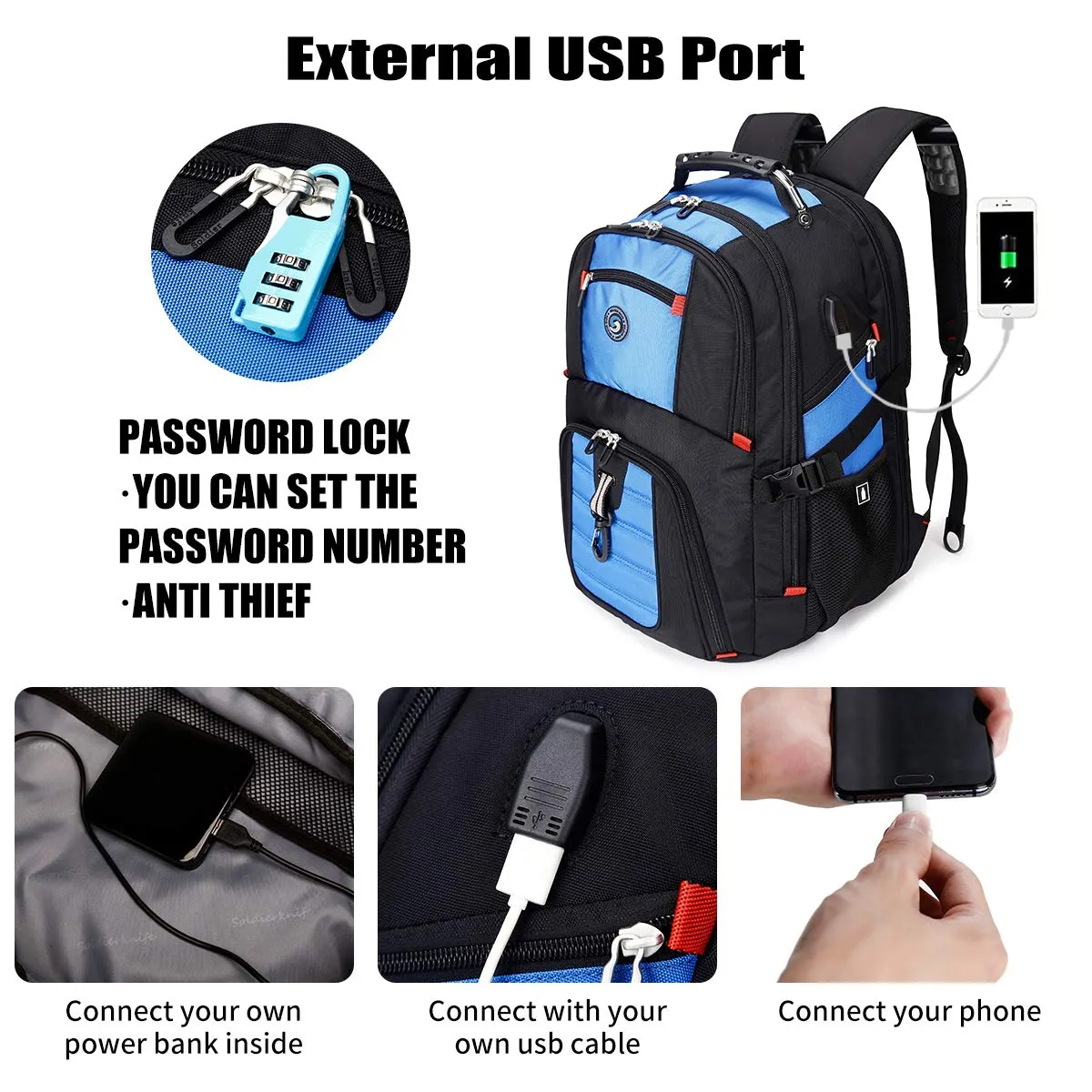 Extra Large 50L Travel Laptop Backpack with USB Charging Port Fit 17 Inch Laptops | Blue