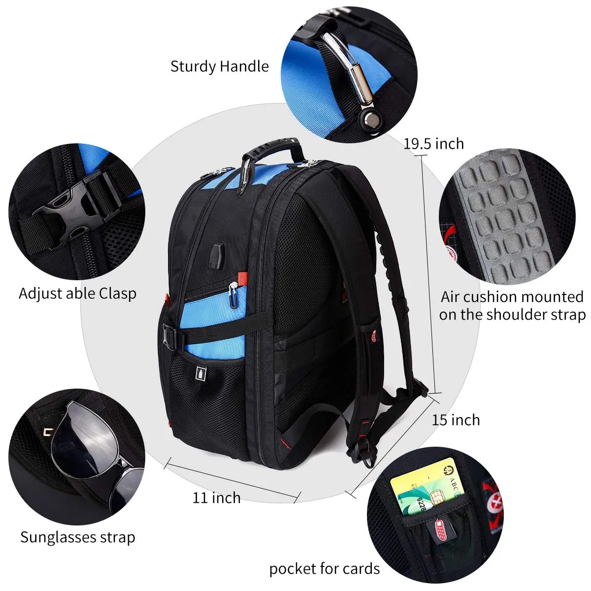 Extra Large 50L Travel Laptop Backpack with USB Charging Port Fit 17 Inch Laptops | Blue