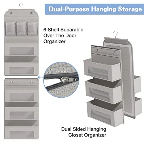 Fixwal Dual Sided Hanging Closet Organizer 6-Shelf Over The Door Organizer Separable Wall Mount Storage for Baby Nursery Bathroom College Dorm Kids Room Pantry Camper RV, Grey