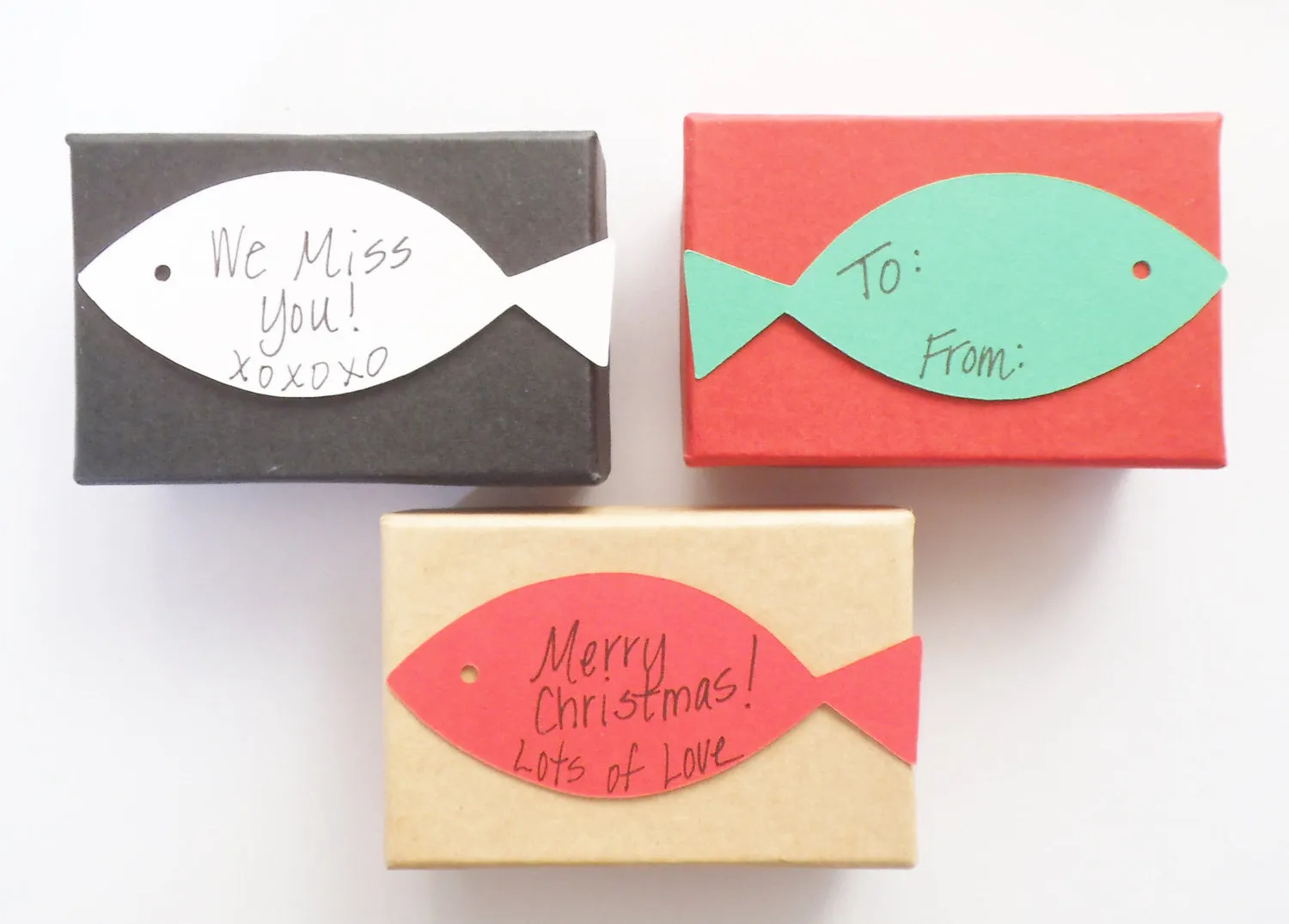 Gift Wrap Option Small Gift Box with Fish Shaped Handwritten Notecard Add On Only Personalized Card with Message of Choice Merry Christmas