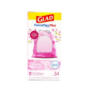 Glad Force Flex Plus Tall Kitchen Drawstring Bags Cherry Blossom with Febreze Freshness 34 Bags