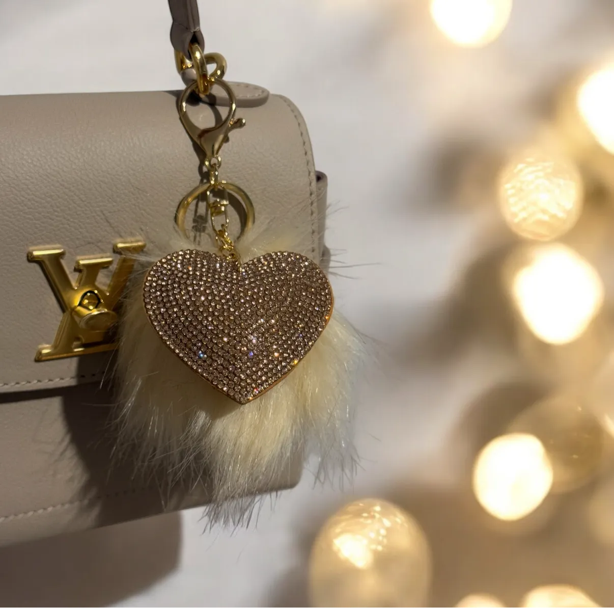 Glitter beige heart keychain | faux fur pompim | bag charm