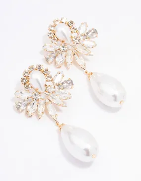 Gold Diamante & Pearl Ornate Drop Earrings