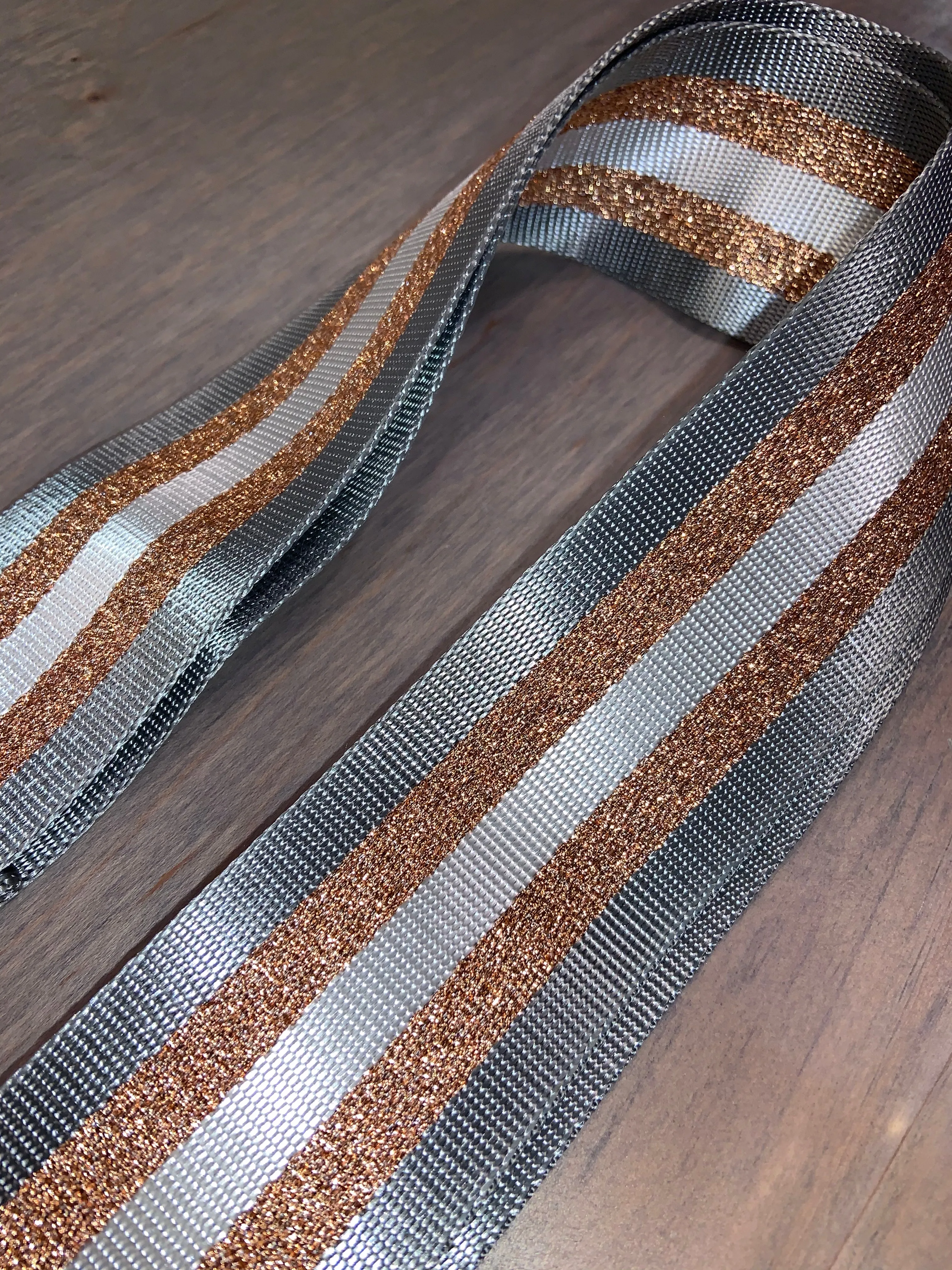 Grey/White/Metallic Rose Gold Stripe 2” Adjustable Handbag Strap