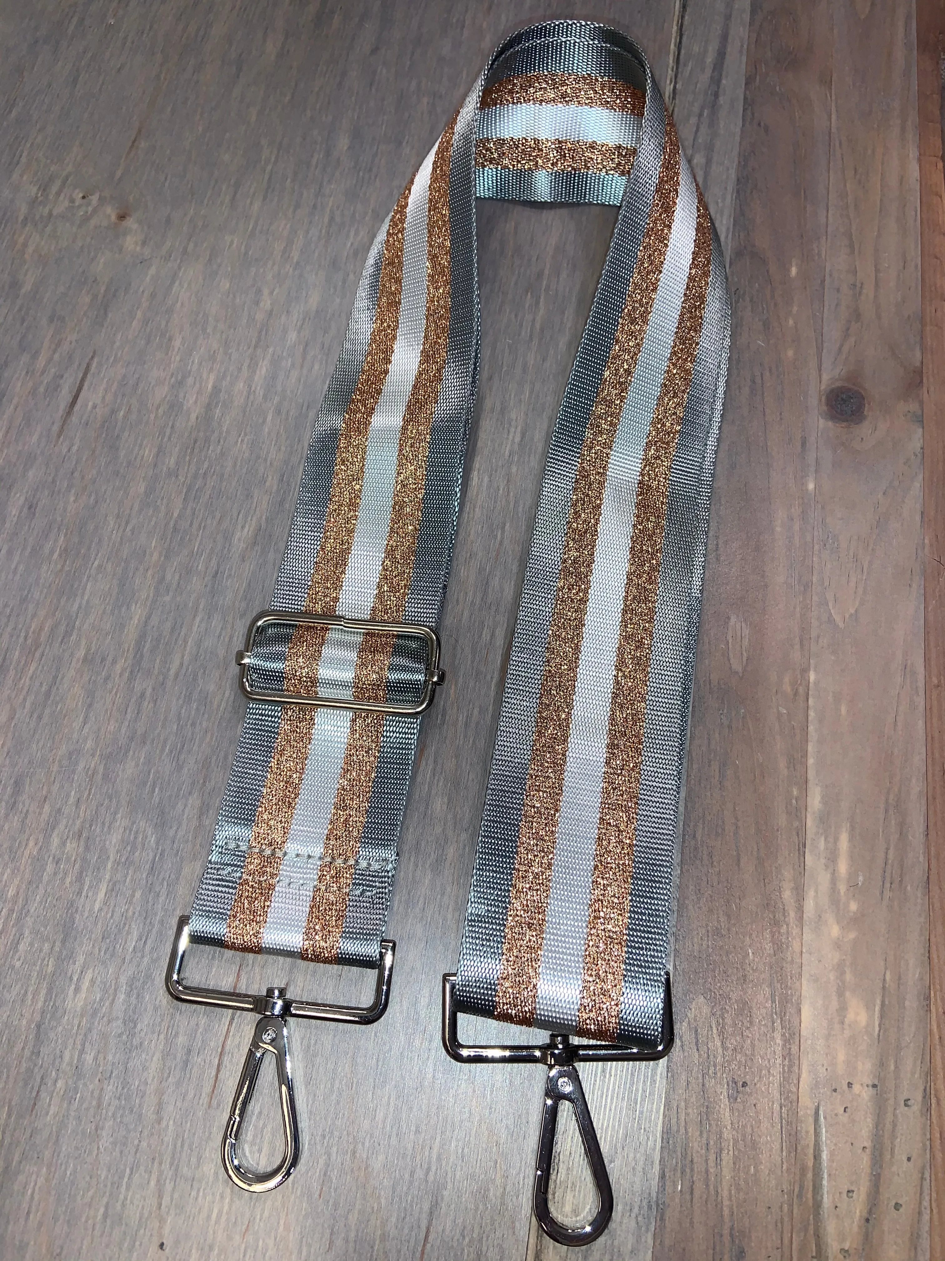 Grey/White/Metallic Rose Gold Stripe 2” Adjustable Handbag Strap