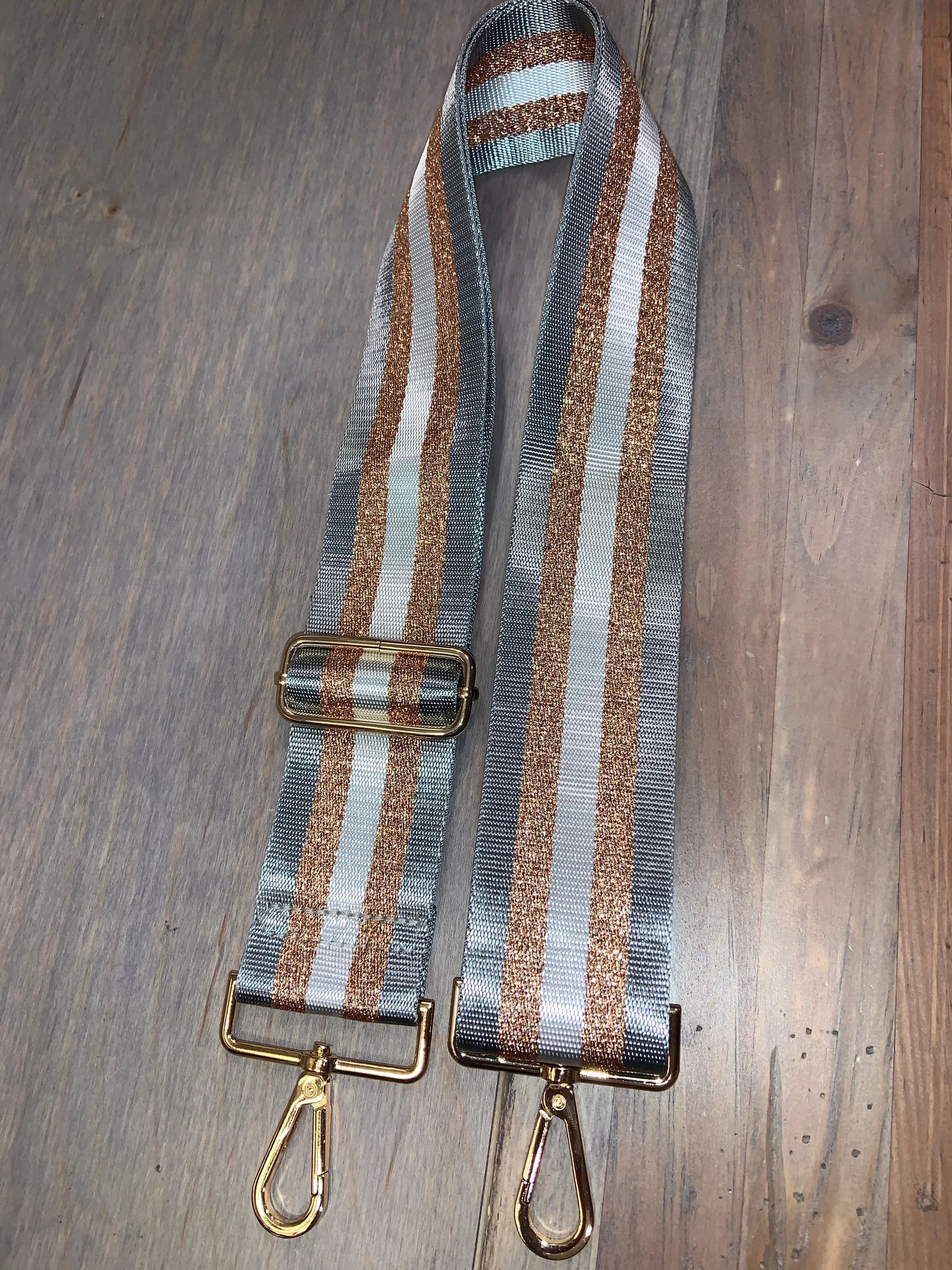 Grey/White/Metallic Rose Gold Stripe 2” Adjustable Handbag Strap