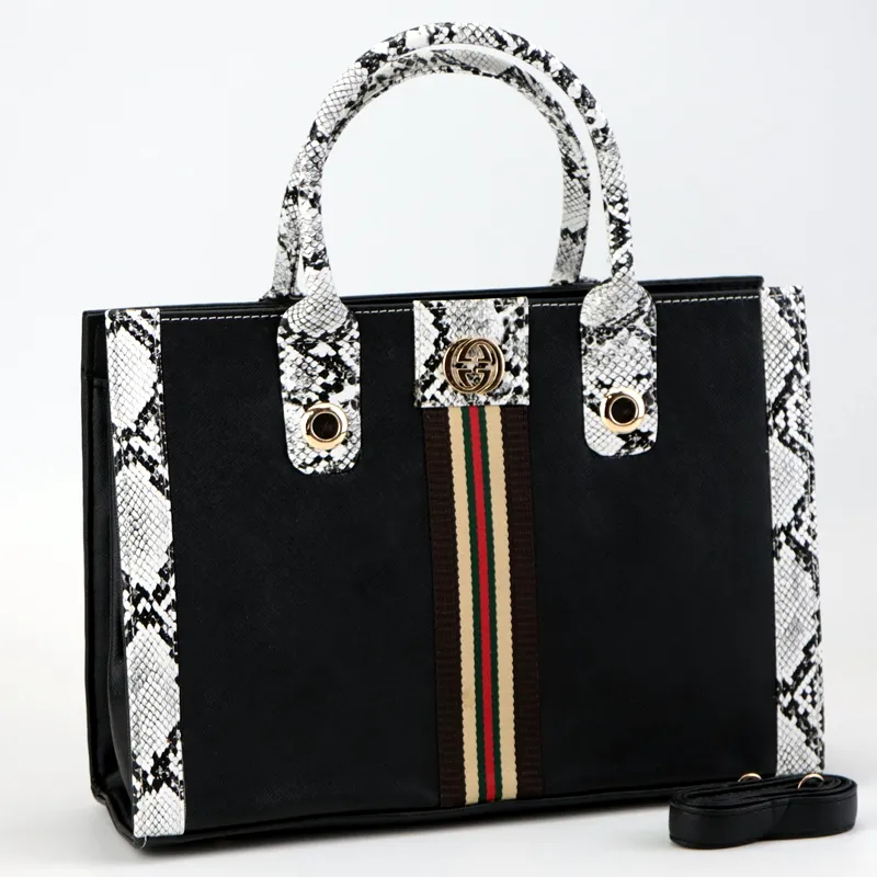 GU Snake Print Square Handbag Large with Striped Strap