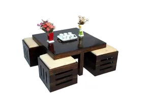 Handwoody Coffee Table for Living Room | Center Table for Living Room | Coffee Table for Home | Wooden Coffee Table with 4 Stool