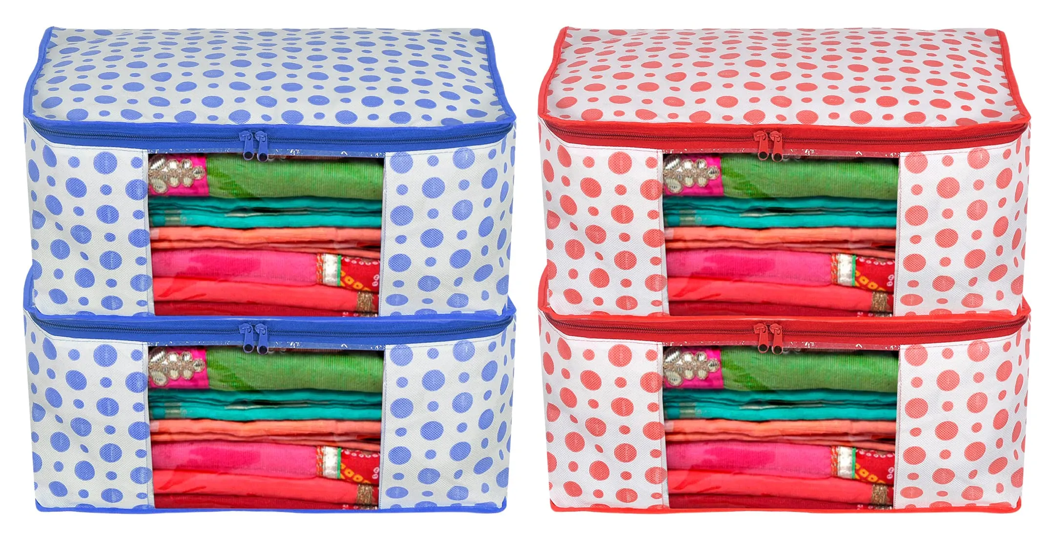 Heart Home Dot Printed Non-Woven Saree Cover, Cloth Organizer, Wardrobe Organiser With Tranasparent Window- Pack of 4 (Blue & Pink)-46HH0508