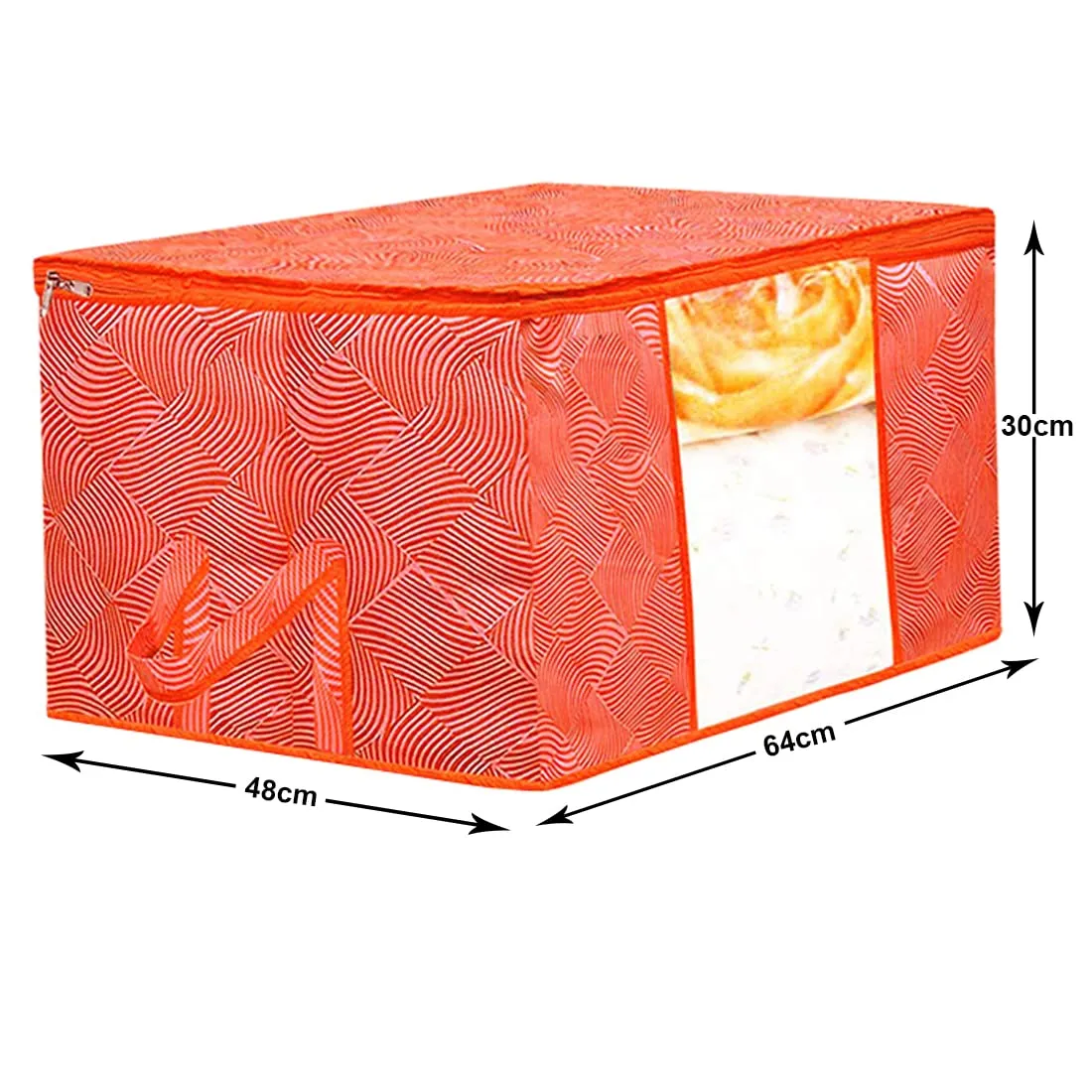 Heart Home Lahariya Design Non-woven Foldable Underbed/Storage Bag/Wardrobe Organizer With Transparent Window- Pack of 9 (Orange)-44HH0505