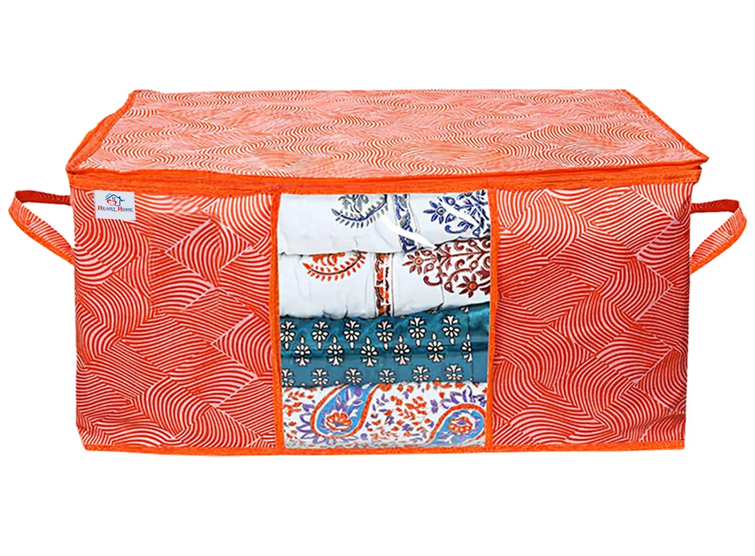 Heart Home Lahariya Design Non-woven Foldable Underbed/Storage Bag/Wardrobe Organizer With Transparent Window- Pack of 9 (Orange)-44HH0505