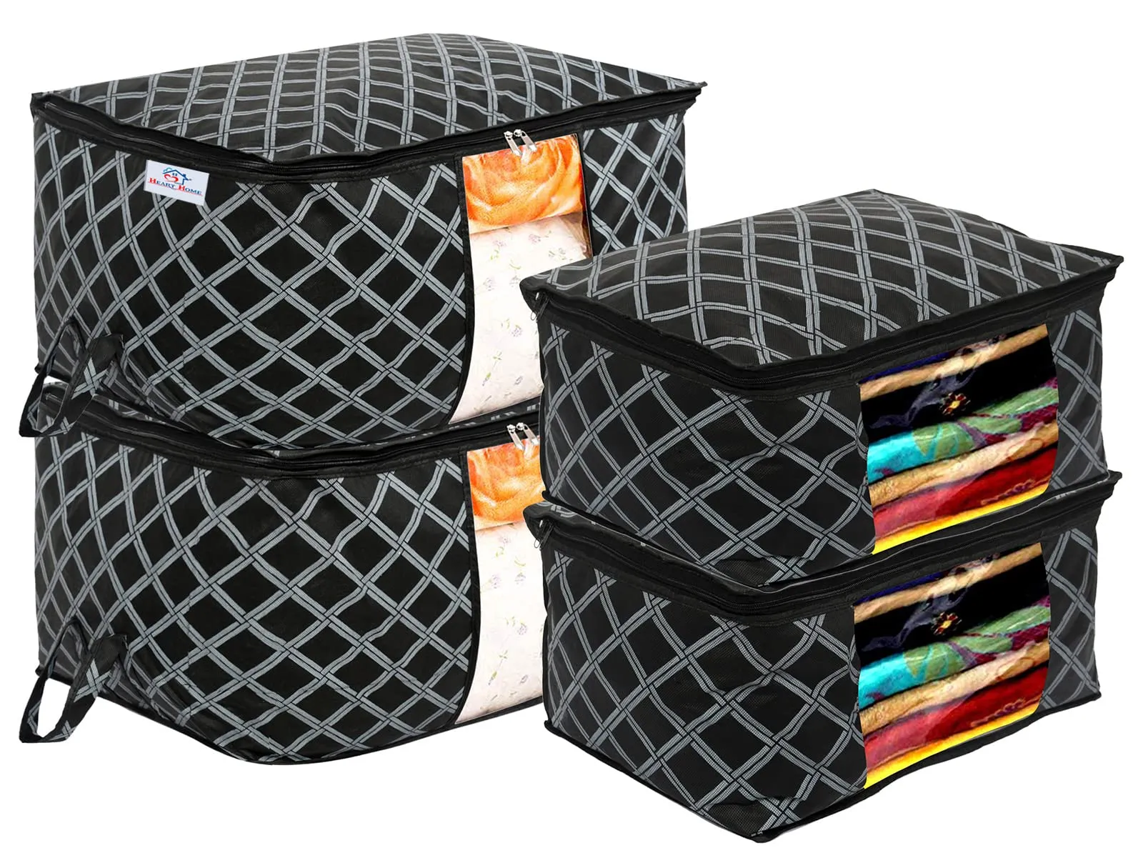 Heart Home Non-Woven Check Print 2 Pieces Underbed Storage Bag & 2 Pieces Saree Cover With Transparent Window, Pack of 4 (Black)