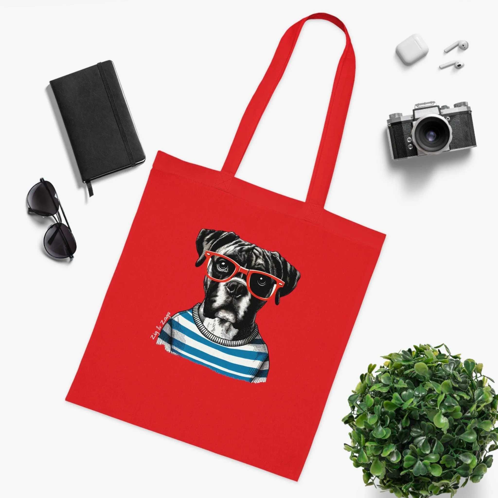 Hipster Boxer Dog Cotton Tote Bag