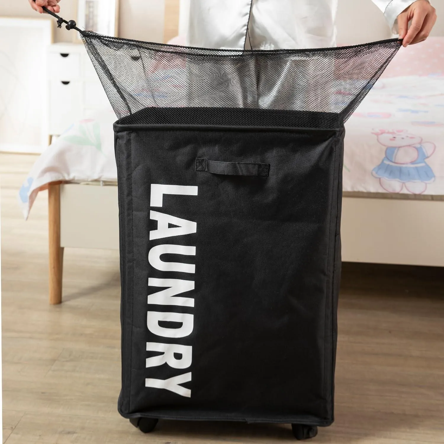 HOKIPO Foldable Laundry Hamper with Wheels, Black