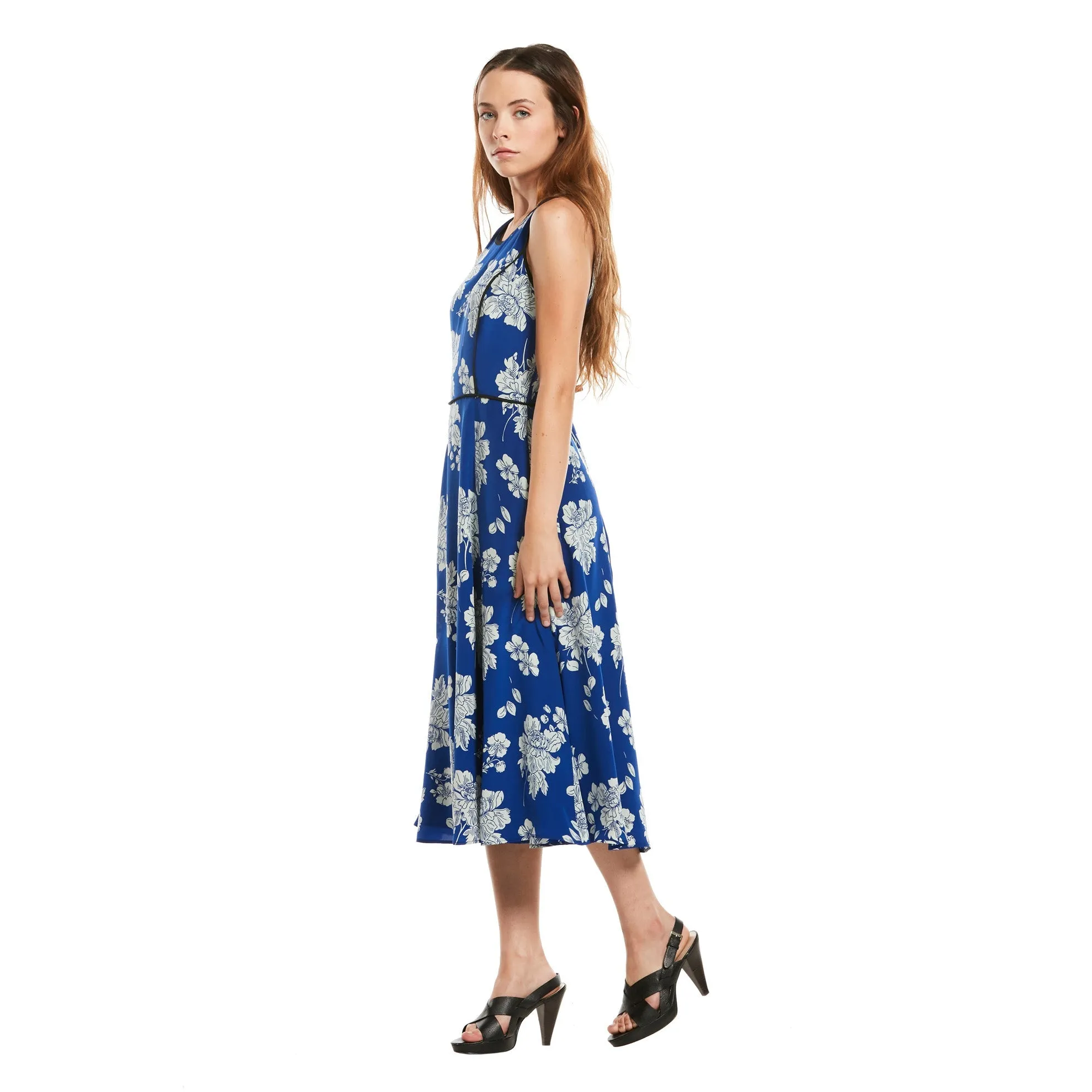 J. Peterman Women's Floral Piped Silk Dress in Blue